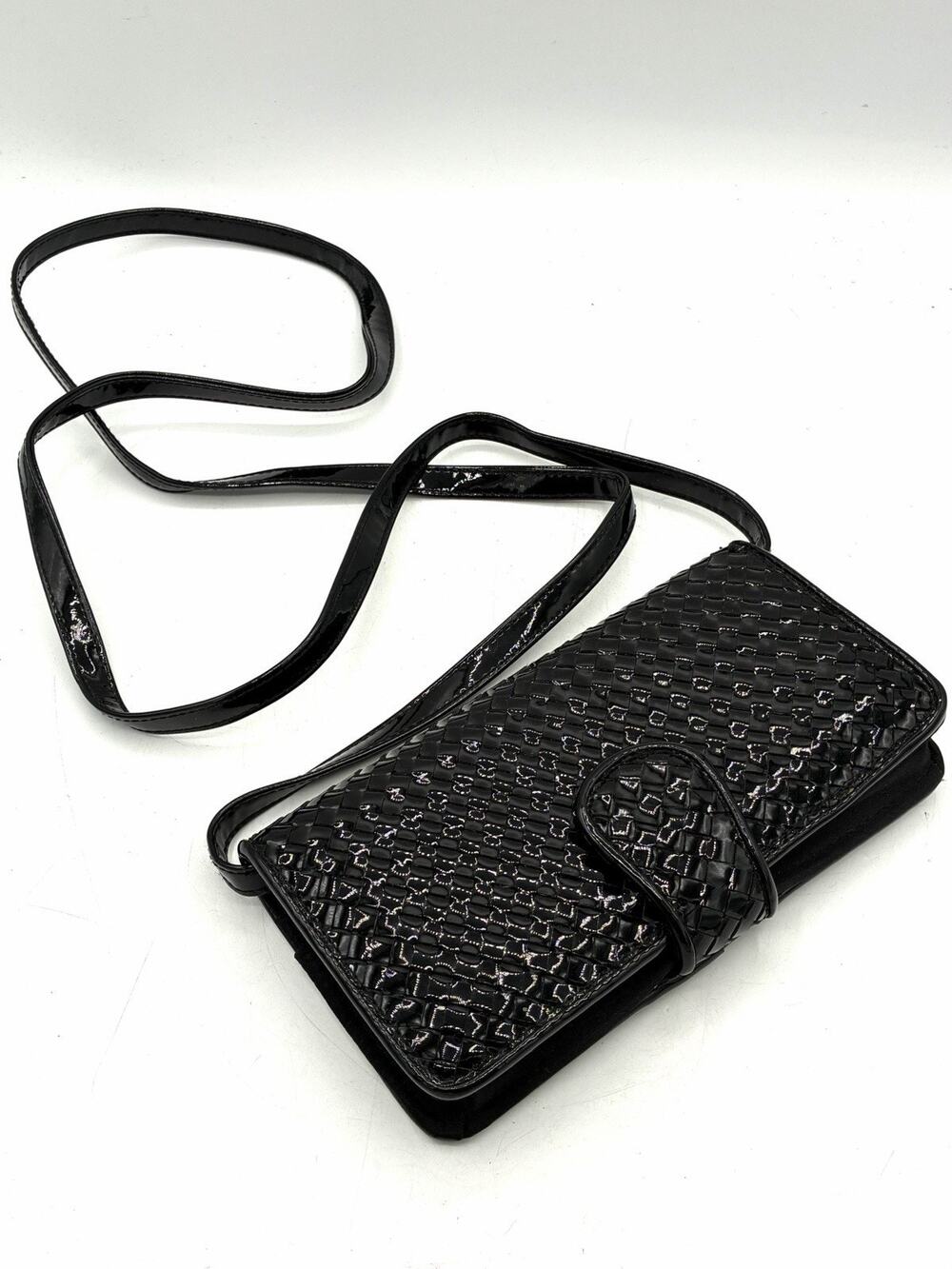 Vintage Milor Black Faux Patent Woven Crossbody Organizer Purse Mirror 8”